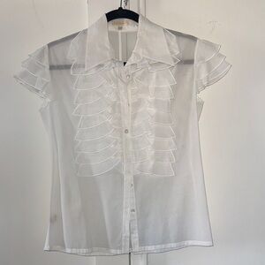 Valentino White Ruffled Front Short Sleeve Blouse